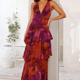 Robe à Imprimé Floral et Décolleté Profond
