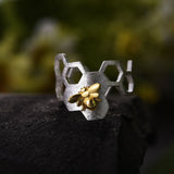 Bague en nid d'abeille ajustable plaquée or 18K