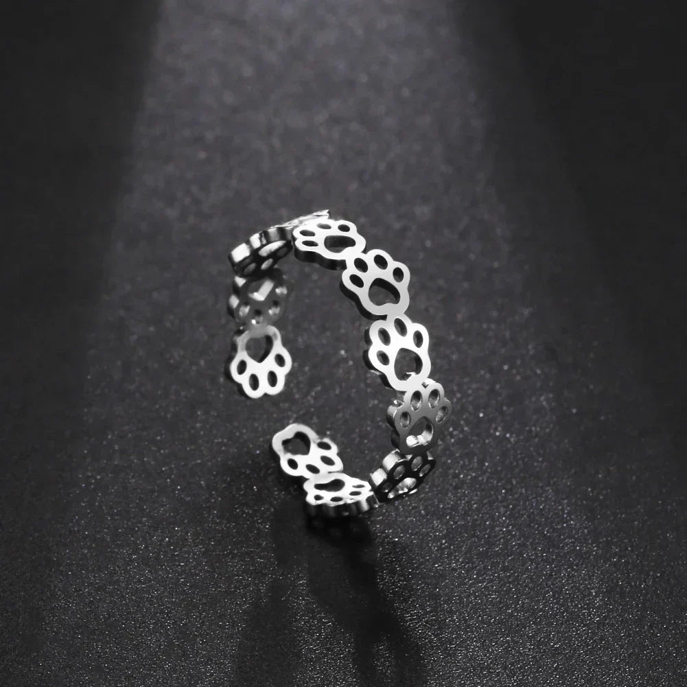 Bague Ajustable en Empreinte de Patte – Fabriquée en Acier Inoxydable