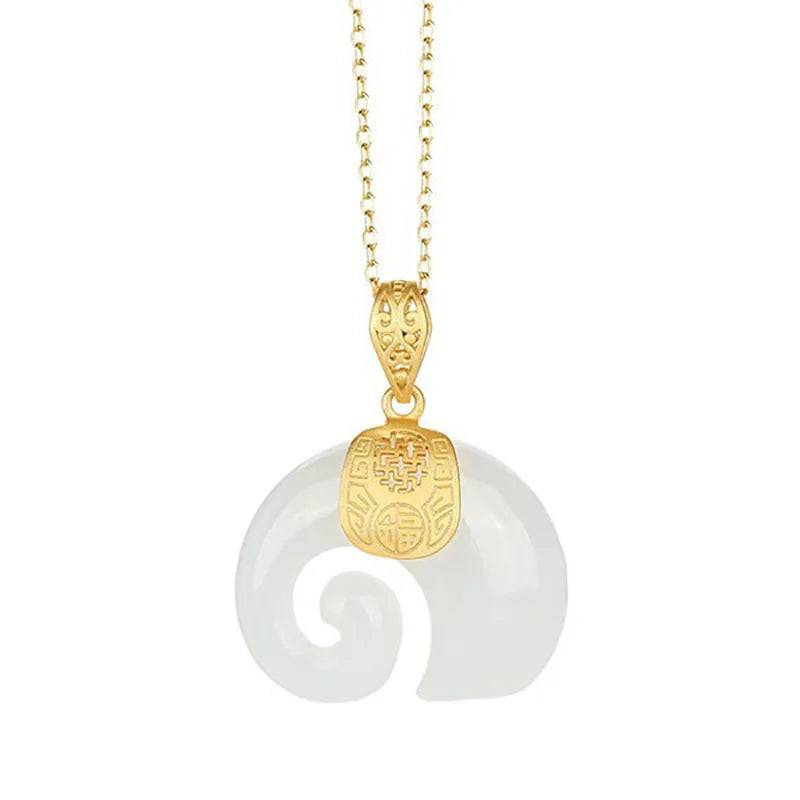 Pendentif Éléphant en Jade Hetian – Collier en Acier Inoxydable Plaqué Or 18K pour Femmes